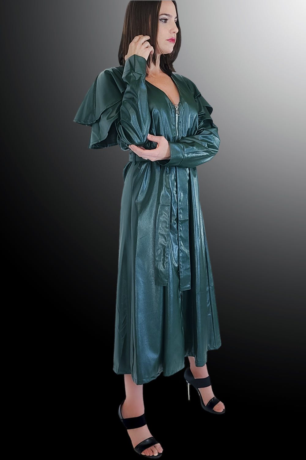 Long Sleeve V Neck Front Zipper Coat Dress