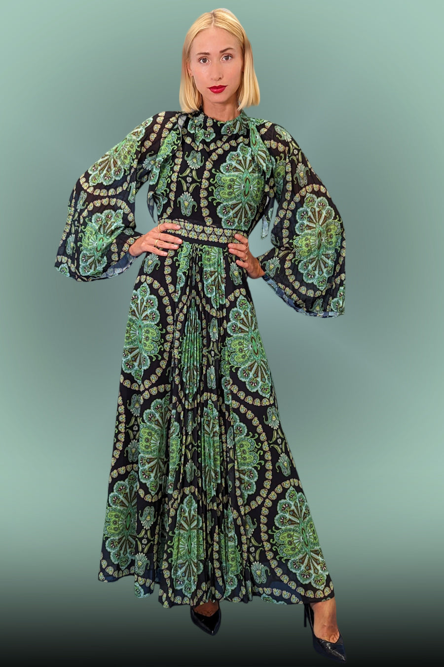 Long Sleeve Pleated Printed Chiffon Dress