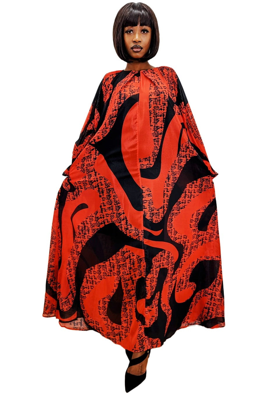 Pleated Long Sleeve Printed Wrap Belt Dress