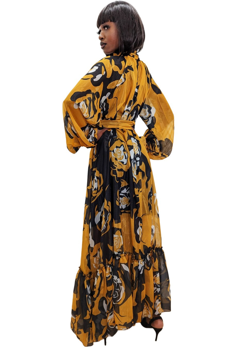 Long Sleeve Printed Wrap Belt High Neck Dress
