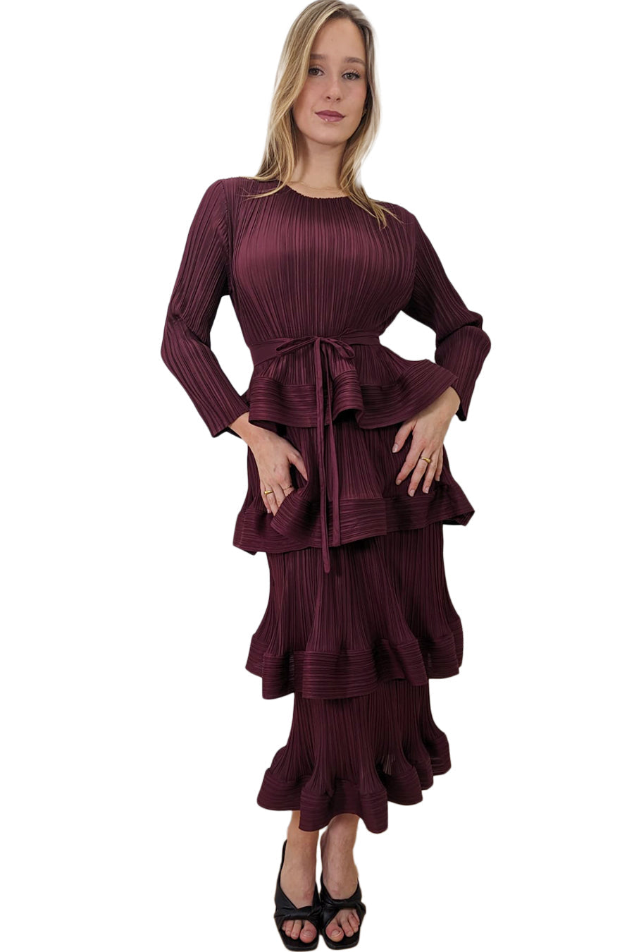 Long Sleeve Tiered Pleated Midi Dress