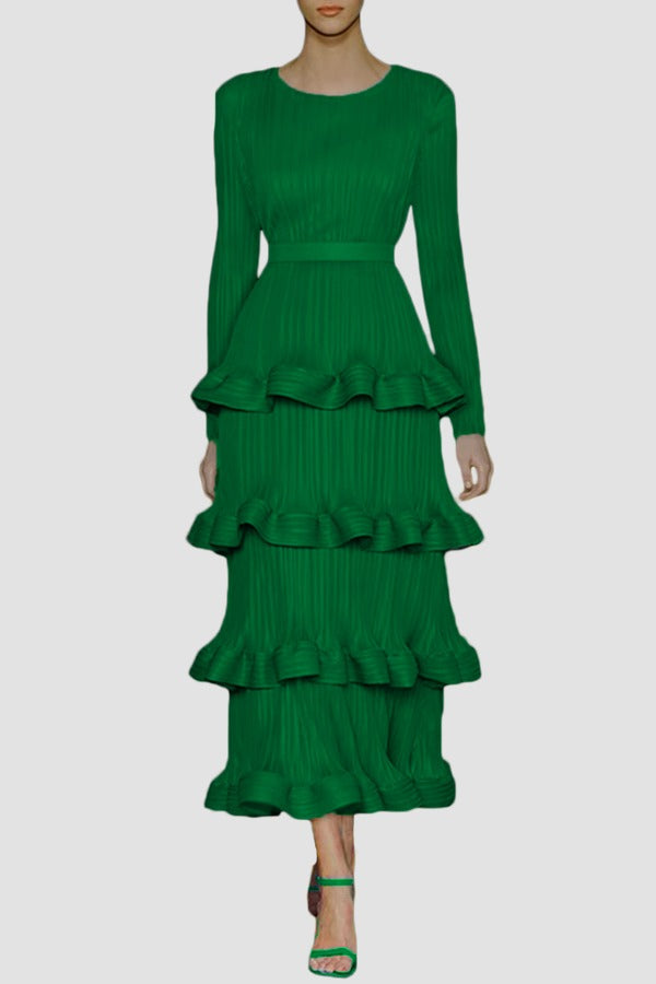 Long Sleeve Tiered Pleated Midi Dress