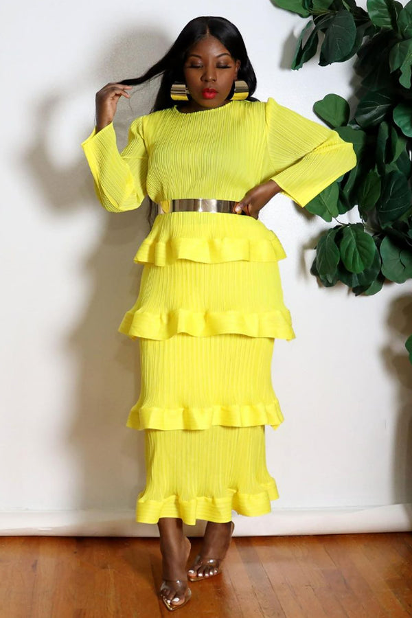 Long Sleeve Tiered Pleated Midi Dress