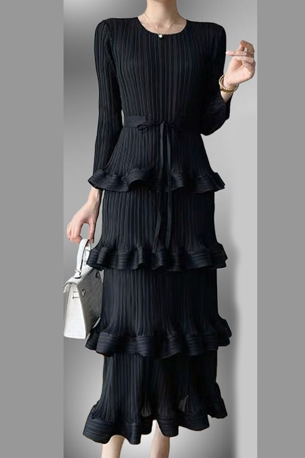 Long Sleeve Tiered Pleated Midi Dress
