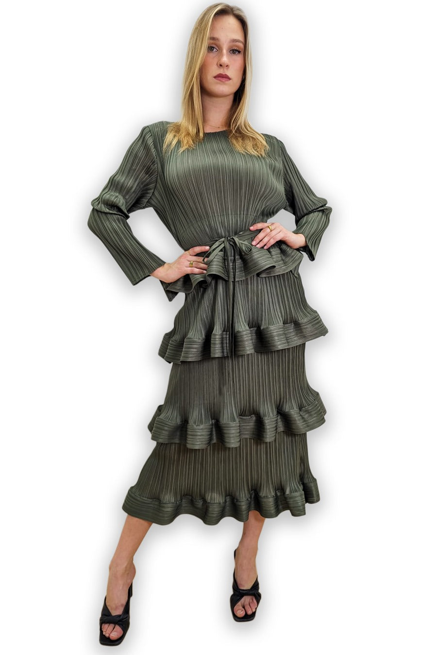 Long Sleeve Tiered Pleated Midi Dress
