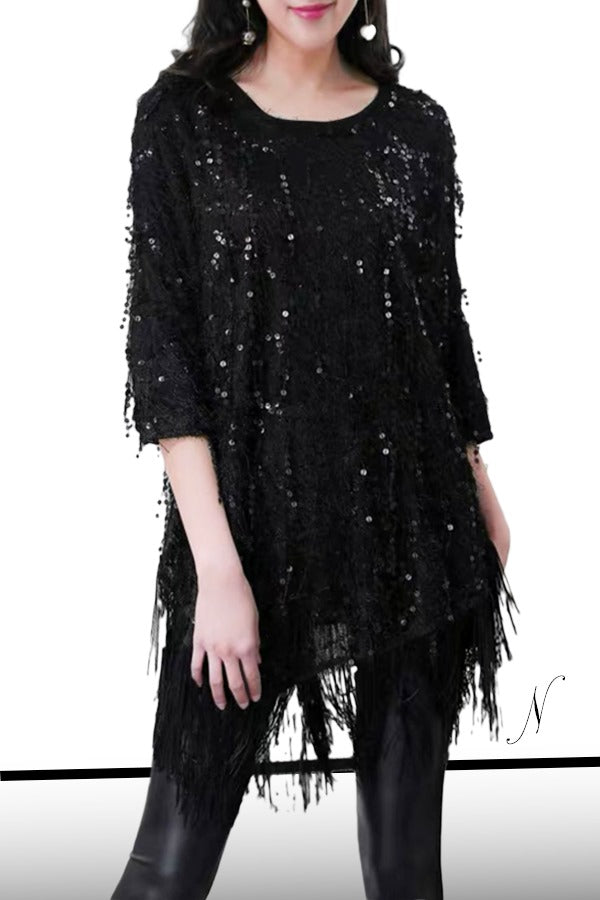 Long Sleeve Sequin Fringe Short Dress