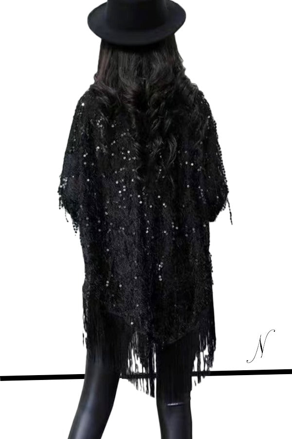 Long Sleeve Sequin Fringe Short Dress