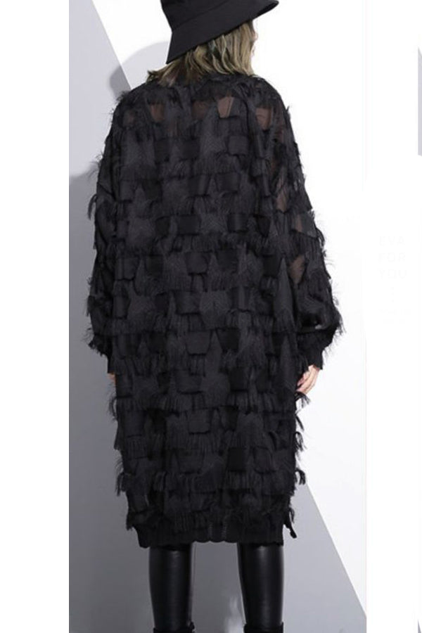 Long Sleeve Fringe Feathered Lavish High Neck Short Dress