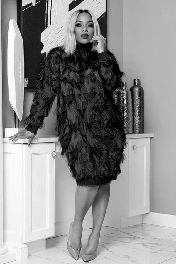 Long Sleeve Fringe Feathered Lavish High Neck Short Dress