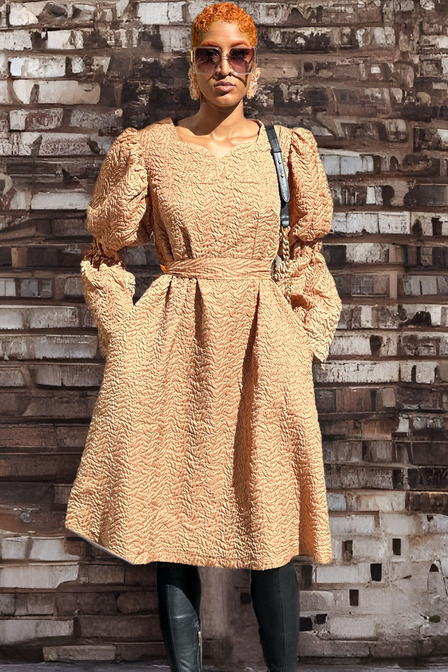 Long Sleeve V Neck Popcorn Short Dress