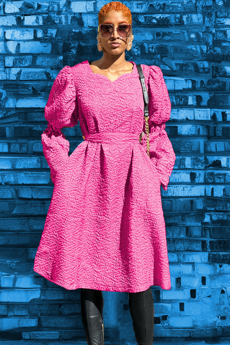 Long Sleeve V Neck Popcorn Short Dress