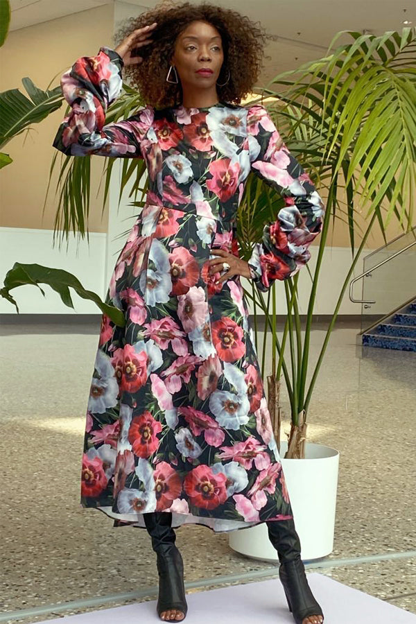 Long Sleeve Floral Print Pockets Wrap Belt Midi Dress