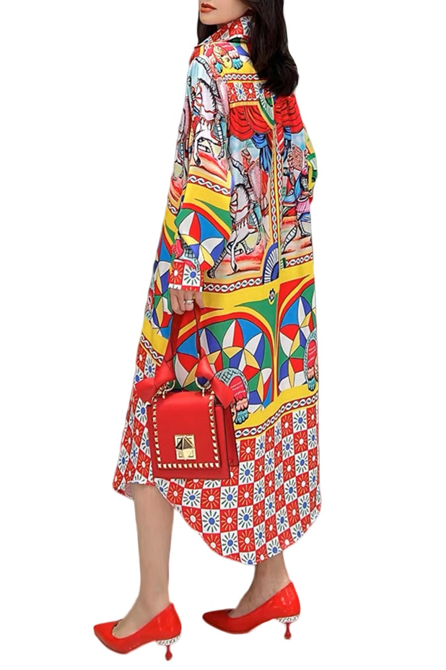 Long Sleeve Parabola Cut Horse Printed Midi Dress