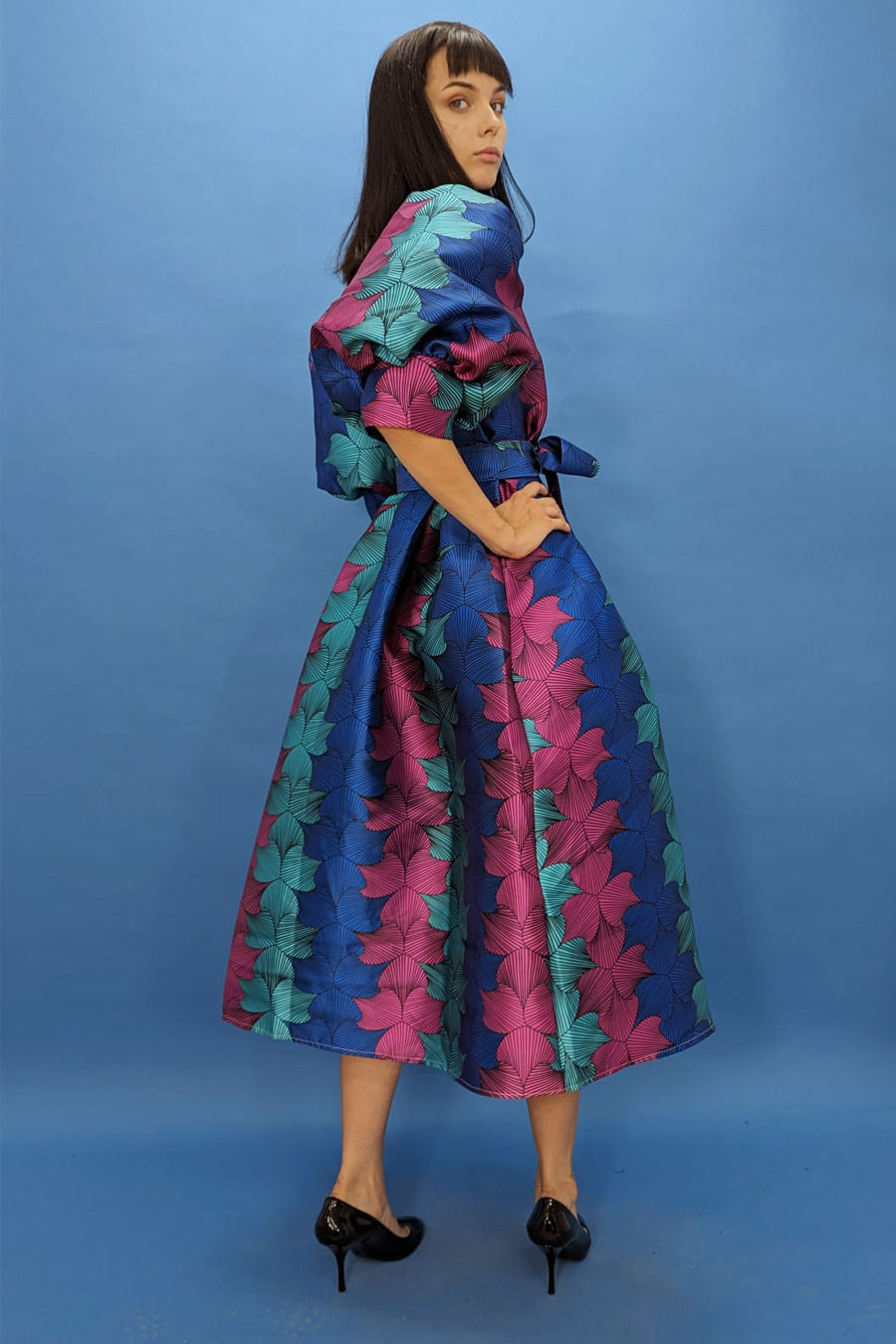 Puff Sleeve Button Down Wrap Belt Midi Dress