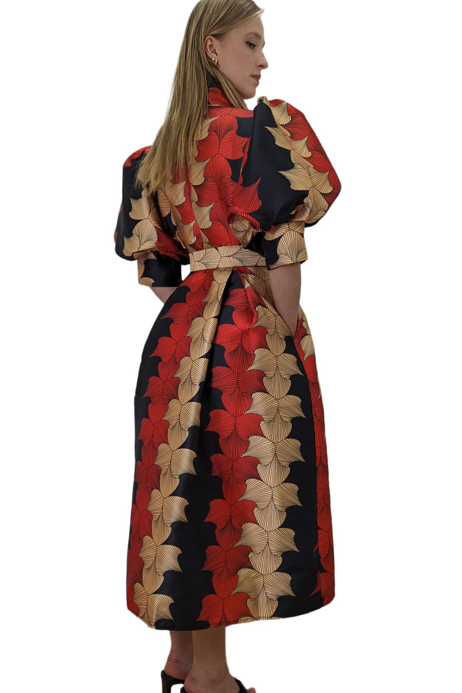 Puff Sleeve Button Down Pockets Wrap Belt Dress