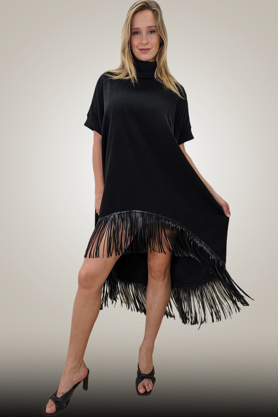 Short Sleeve Leather Fringe High Low Dress