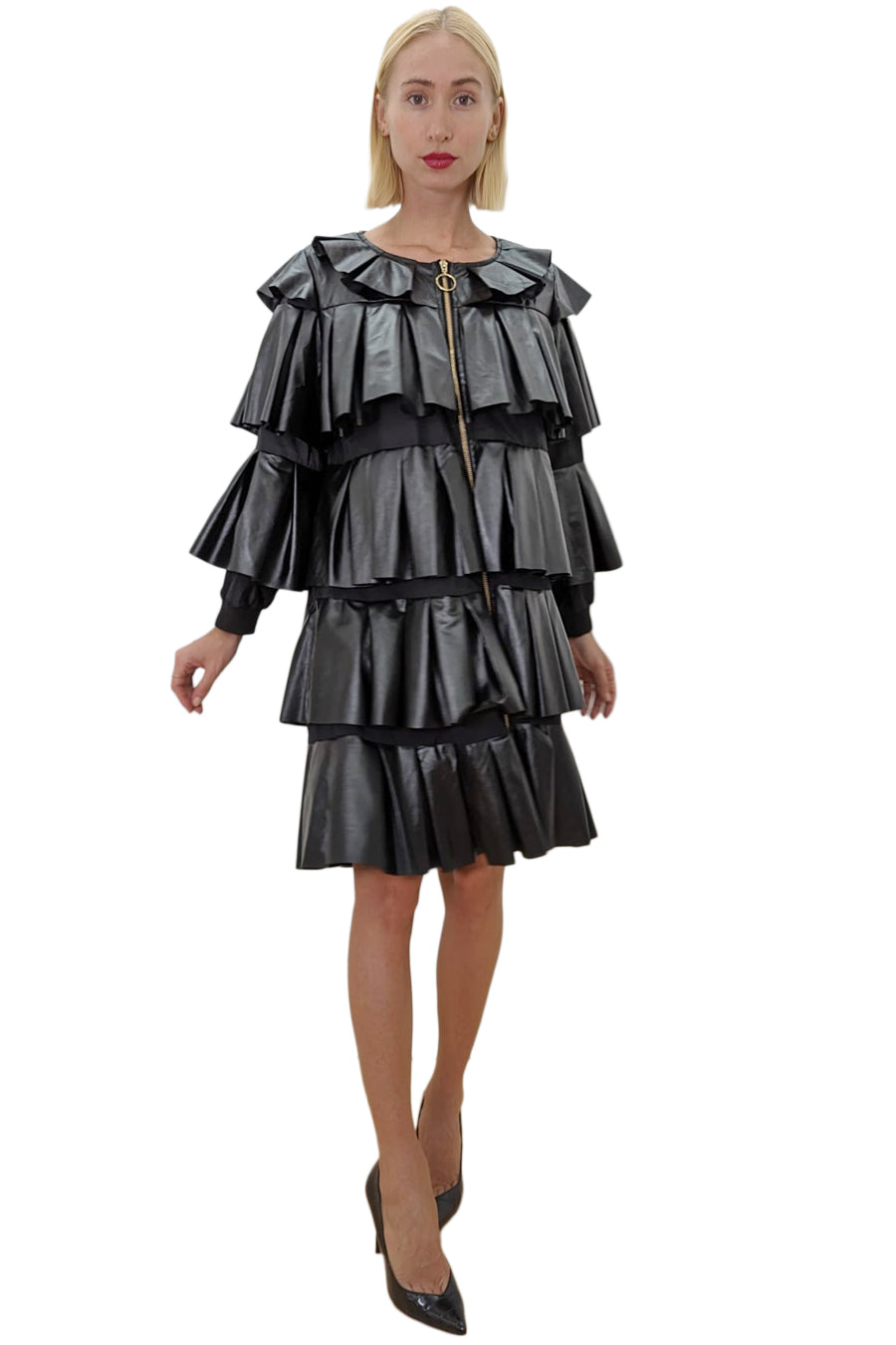 Long Sleeve Layered Pleated Zipper Leather Short Dress