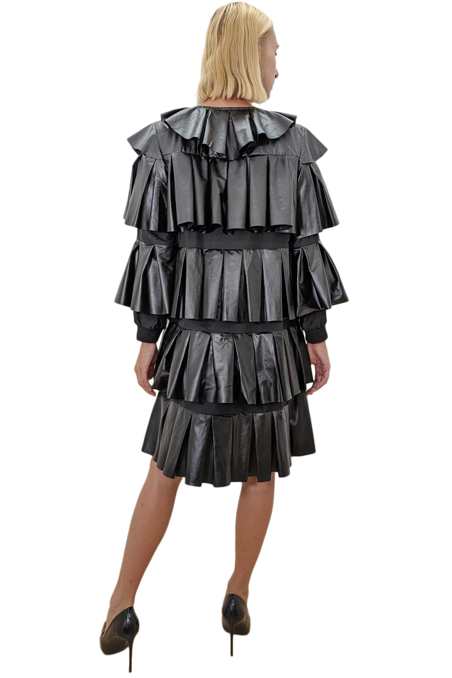 Long Sleeve Layered Pleated Zipper Leather Short Dress