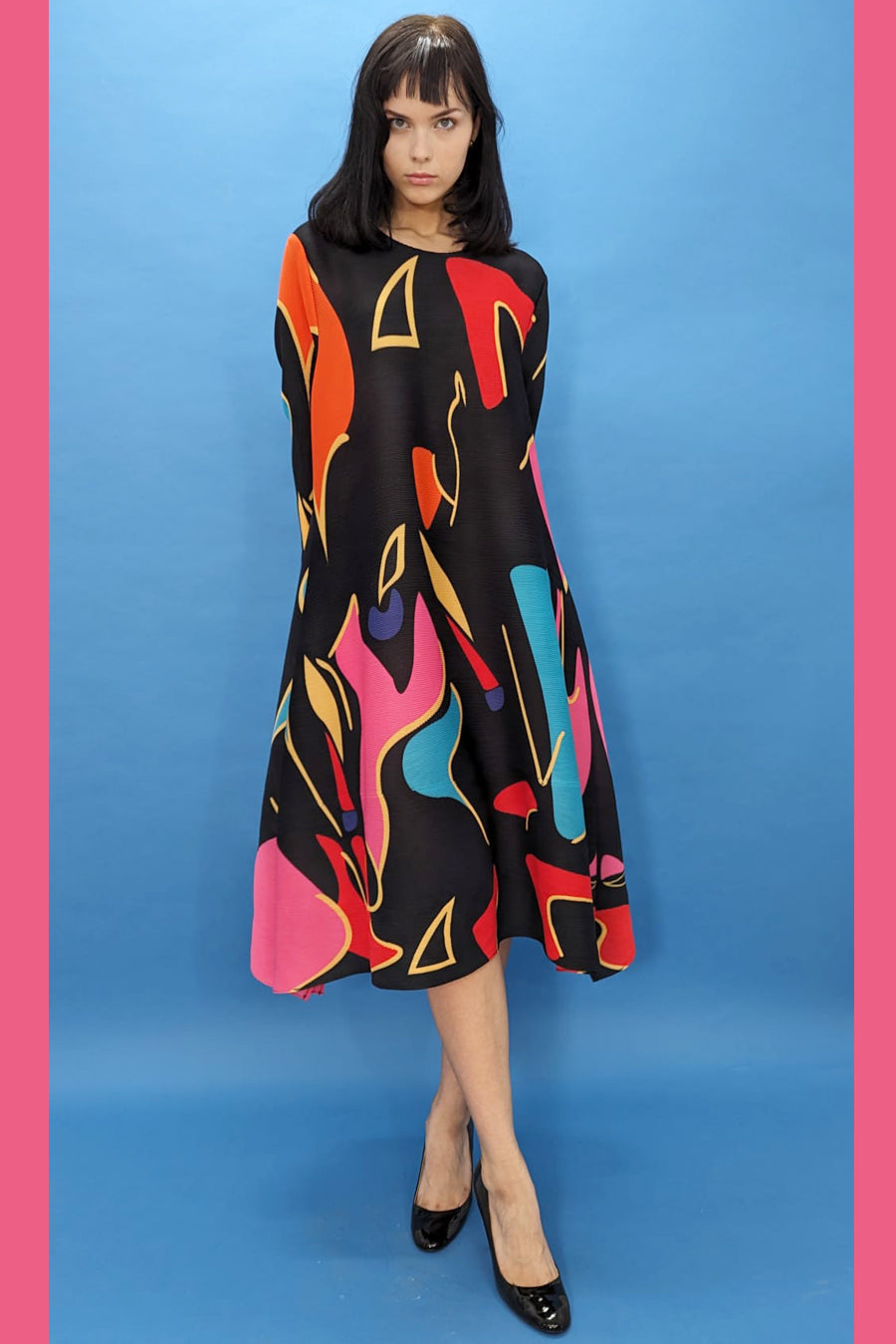 Long Sleeve Multi Colored Print Midi Dress