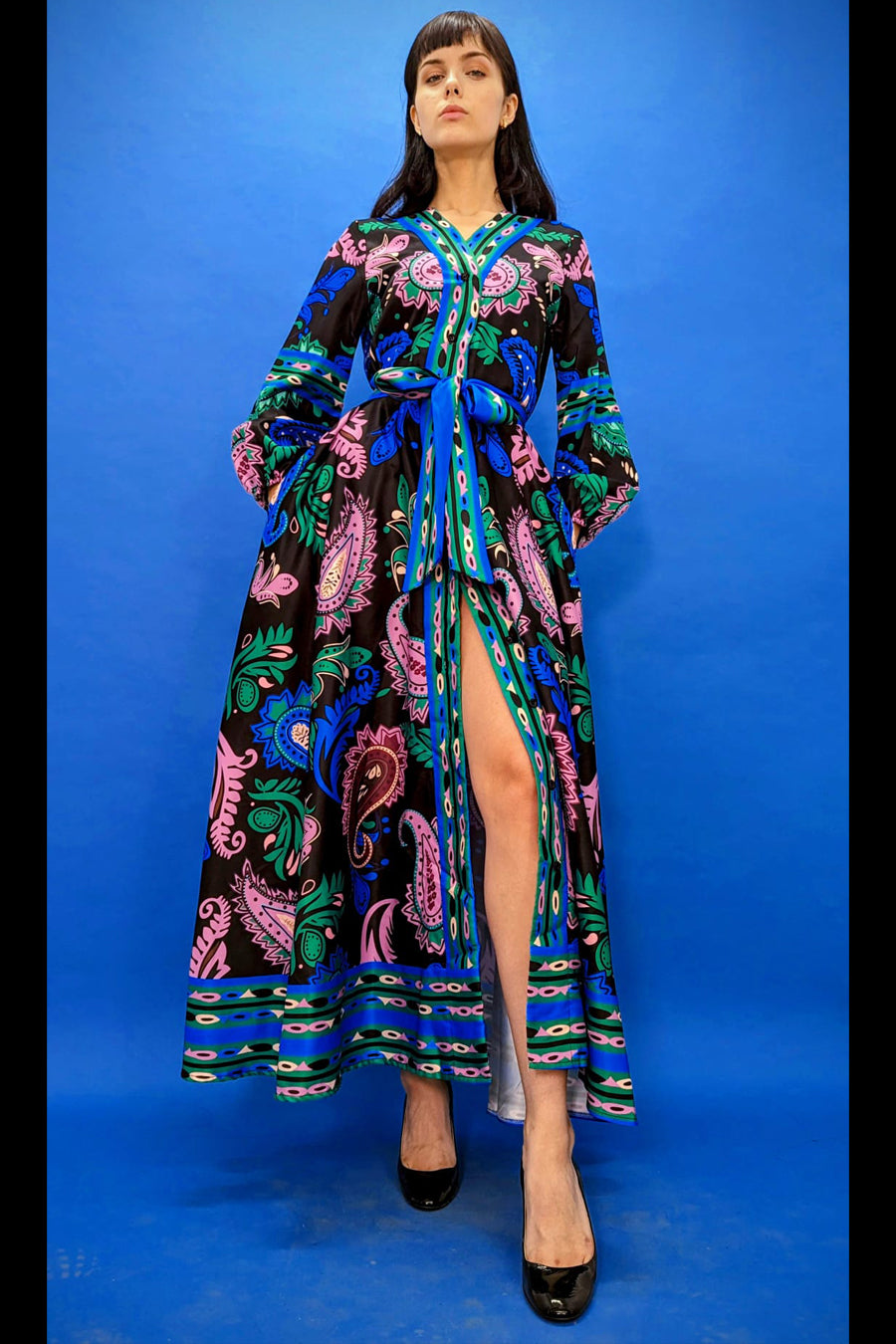 Long Sleeve V Neck Printed Wrap Belt Button Down Dress